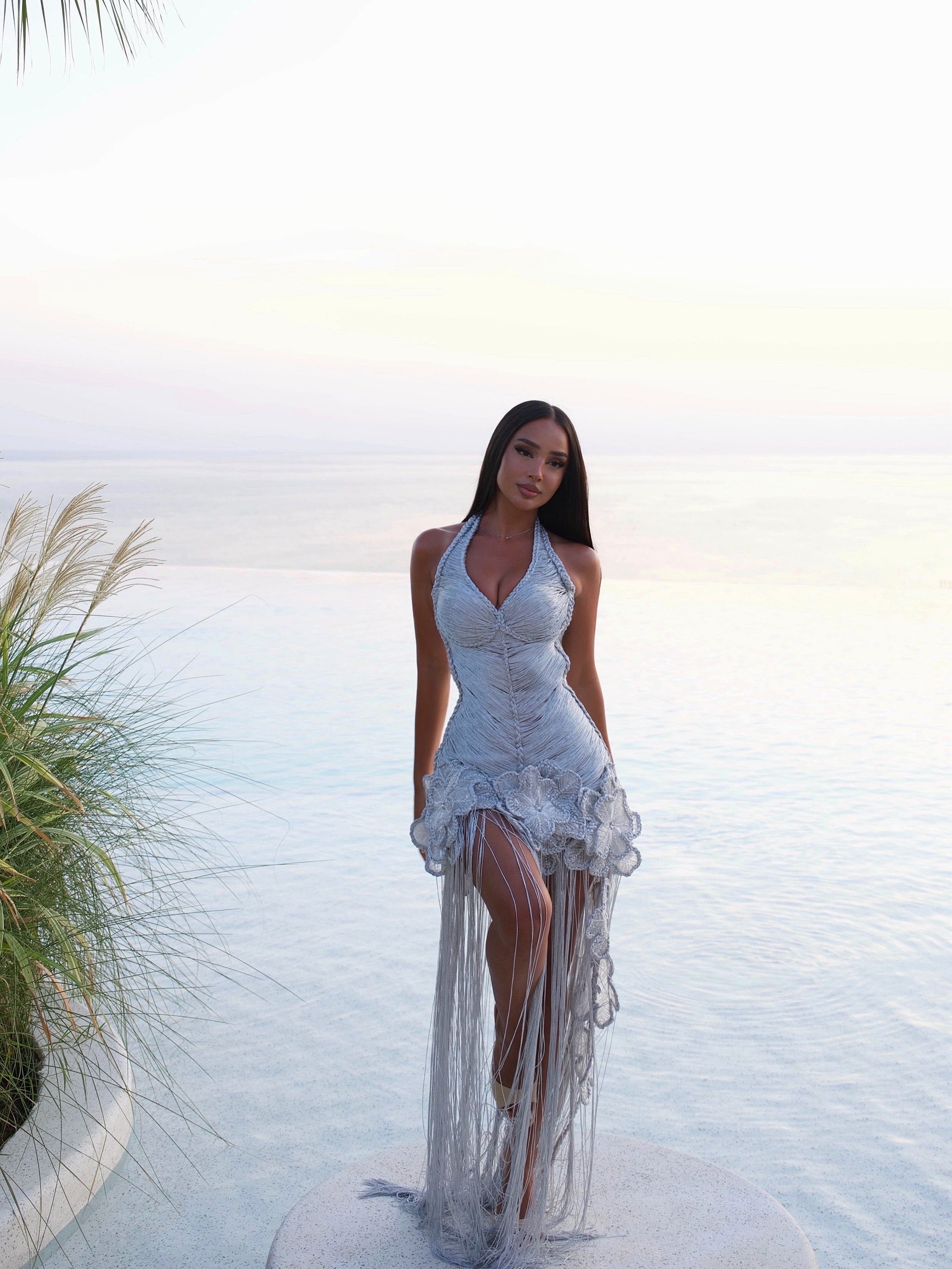 Dilara wearing Dejzi Lumière Fringe handcrafted silver dress